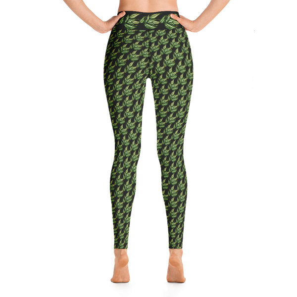 Laurel Leaves Yoga Leggings, Black