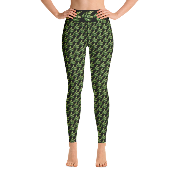 Laurel Leaves Yoga Leggings, Black